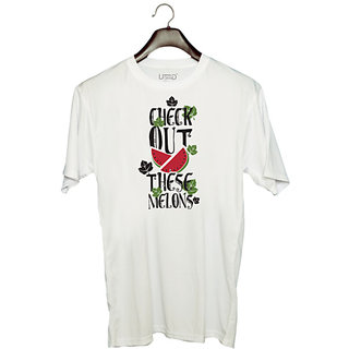                       UDNAG Unisex Round Neck Graphic 'Watermelons | Check out these melons' Polyester T-Shirt White                                              