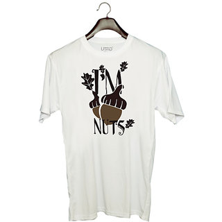                       UDNAG Unisex Round Neck Graphic 'Nuts | I'm nuts' Polyester T-Shirt White                                              