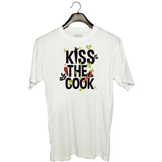                       UDNAG Unisex Round Neck Graphic 'Cook | Kiss the cook' Polyester T-Shirt White                                              