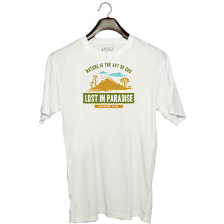                       UDNAG Unisex Round Neck Graphic 'Adventure And lost in Paradise' Polyester T-Shirt White                                              