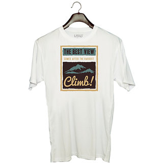                       UDNAG Unisex Round Neck Graphic 'Mountain view' Polyester T-Shirt White                                              