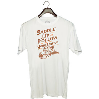                       UDNAG Unisex Round Neck Graphic 'Never give up | Saddle up and follow your dream' Polyester T-Shirt White                                              