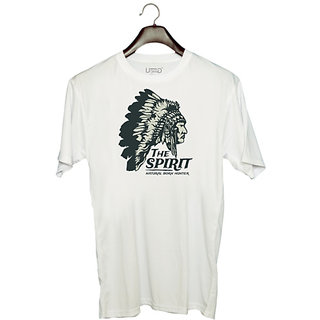                       UDNAG Unisex Round Neck Graphic 'The Spirit | Wild west red Indian Spirit natural born hunter' Polyester T-Shirt White                                              