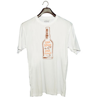                       UDNAG Unisex Round Neck Graphic 'Wine | Old wine Old friend' Polyester T-Shirt White                                              
