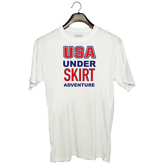                       UDNAG Unisex Round Neck Graphic 'USA | USA under SKIRT adventure' Polyester T-Shirt White                                              