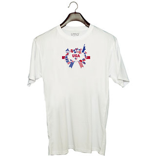                       UDNAG Unisex Round Neck Graphic 'USA | USA and Flag' Polyester T-Shirt White                                              