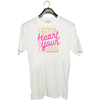                      UDNAG Unisex Round Neck Graphic 'Heart | Got my heart in your hands' Polyester T-Shirt White                                              