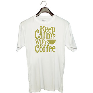                       UDNAG Unisex Round Neck Graphic 'Coffee | Keep calm with cup of coffee' Polyester T-Shirt White                                              