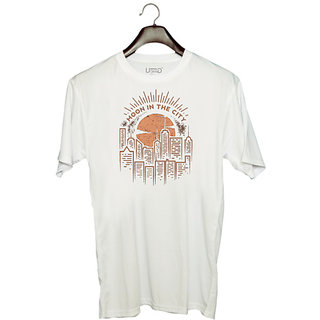                       UDNAG Unisex Round Neck Graphic 'City | Moon and city' Polyester T-Shirt White                                              