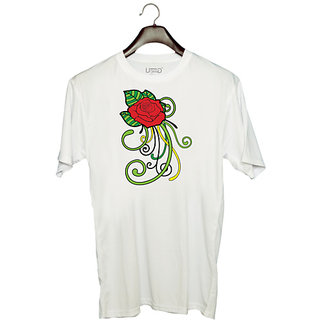                       UDNAG Unisex Round Neck Graphic 'Flower | Red Flower and leaf' Polyester T-Shirt White                                              