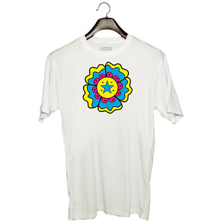                      UDNAG Unisex Round Neck Graphic 'Flower | Colourful Flower' Polyester T-Shirt White                                              