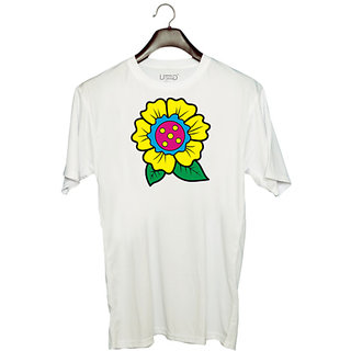                       UDNAG Unisex Round Neck Graphic 'Flower | Leaf and Flower' Polyester T-Shirt White                                              