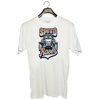                       UDNAG Unisex Round Neck Graphic 'Racer | Speed Car Racer' Polyester T-Shirt White                                              
