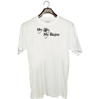                       UDNAG Unisex Round Neck Graphic 'My Life My Rules' Polyester T-Shirt White                                              