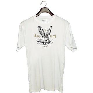                       UDNAG Unisex Round Neck Graphic 'Happy | Happy Rabbit' Polyester T-Shirt White                                              
