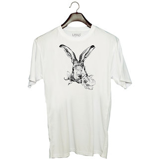                       UDNAG Unisex Round Neck Graphic 'Rabbit and Flower' Polyester T-Shirt White                                              