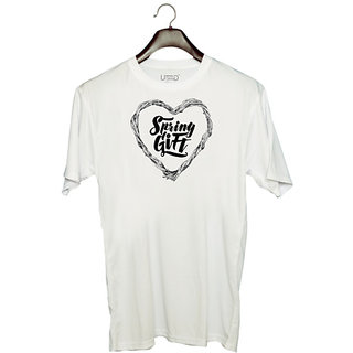                       UDNAG Unisex Round Neck Graphic 'Spring Gift | Heart' Polyester T-Shirt White                                              