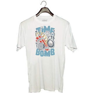                       UDNAG Unisex Round Neck Graphic 'Bomb | Time bomb' Polyester T-Shirt White                                              