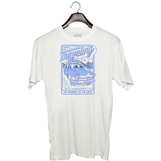                       UDNAG Unisex Round Neck Graphic 'Travelling | To travel is to live' Polyester T-Shirt White                                              