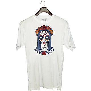                       UDNAG Unisex Round Neck Graphic 'Zombie Illustration | Lady Zombie and Flower' Polyester T-Shirt White                                              