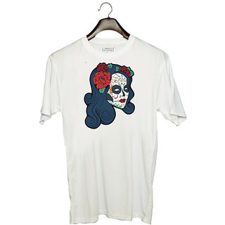                       UDNAG Unisex Round Neck Graphic 'Zombie Illustration | Female Zombie and Flower Red' Polyester T-Shirt White                                              