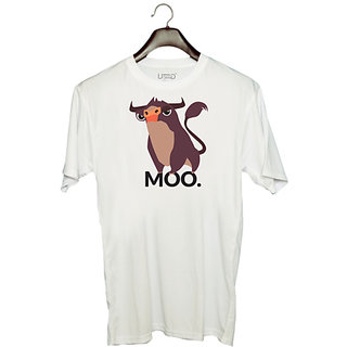                       UDNAG Unisex Round Neck Graphic 'Cartoon | Bull moo' Polyester T-Shirt White                                              