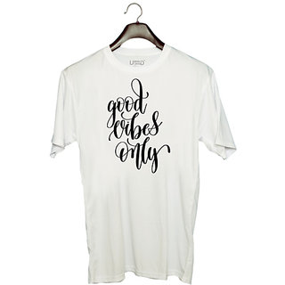                       UDNAG Unisex Round Neck Graphic 'Good vibes only' Polyester T-Shirt White                                              