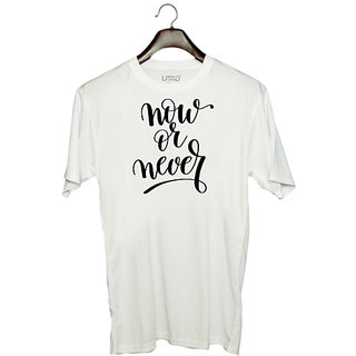                       UDNAG Unisex Round Neck Graphic 'Now or Never' Polyester T-Shirt White                                              