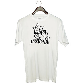                       UDNAG Unisex Round Neck Graphic 'Weekend | Happy Weekend' Polyester T-Shirt White                                              