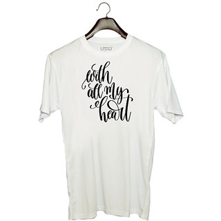                       UDNAG Unisex Round Neck Graphic 'With all my heart' Polyester T-Shirt White                                              