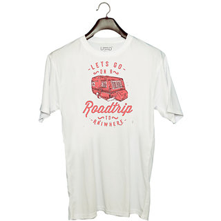                       UDNAG Unisex Round Neck Graphic 'Roadtrip | Lets Go Roadtrip To Aniwhere' Polyester T-Shirt White                                              