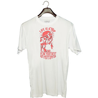                       UDNAG Unisex Round Neck Graphic 'Life | Life Is A Trip Plan Your Next Vacation' Polyester T-Shirt White                                              