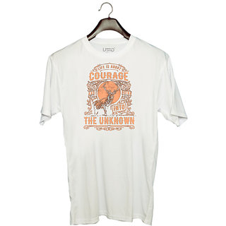                       UDNAG Unisex Round Neck Graphic 'Courage | Life Is About Courage And Going Into The Unknown' Polyester T-Shirt White                                              