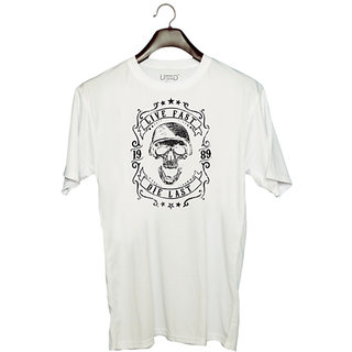                       UDNAG Unisex Round Neck Graphic 'Live & death | Live Fast Die last' Polyester T-Shirt White                                              