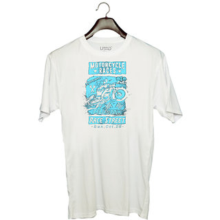                       UDNAG Unisex Round Neck Graphic 'Motorcycle | Motorcycle Race Street' Polyester T-Shirt White                                              