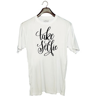                       UDNAG Unisex Round Neck Graphic 'Take Selfie' Polyester T-Shirt White                                              
