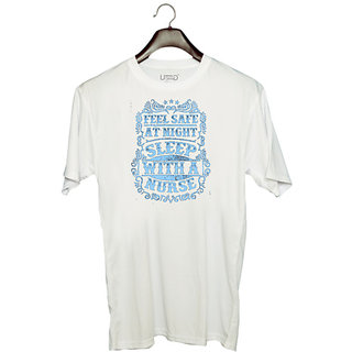                       UDNAG Unisex Round Neck Graphic 'Nurse | Feel safe at night sleep with' Polyester T-Shirt White                                              