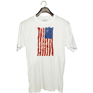                       UDNAG Unisex Round Neck Graphic 'USA Flag | American Flag' Polyester T-Shirt White                                              