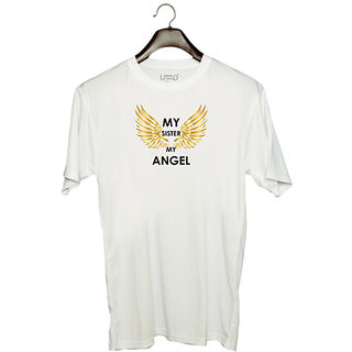                      UDNAG Unisex Round Neck Graphic 'Rakshabandhan | My Sister My Angel' Polyester T-Shirt White                                              