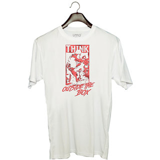                       UDNAG Unisex Round Neck Graphic 'Thinking | Think Outside The Box' Polyester T-Shirt White                                              