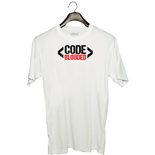                       UDNAG Unisex Round Neck Graphic 'Coder | Code blooded' Polyester T-Shirt White                                              
