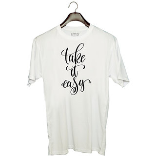                       UDNAG Unisex Round Neck Graphic 'Take it easy' Polyester T-Shirt White                                              