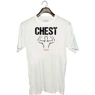                      UDNAG Unisex Round Neck Graphic 'Gym | Chest today' Polyester T-Shirt White                                              