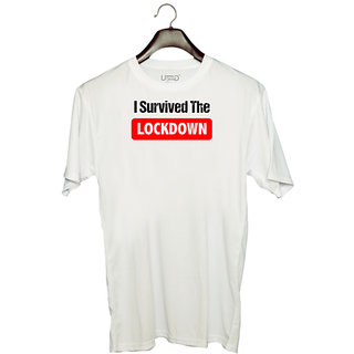                       UDNAG Unisex Round Neck Graphic 'Corona | I servived the lockdown' Polyester T-Shirt White                                              