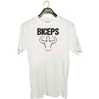                       UDNAG Unisex Round Neck Graphic 'Gym | Biceps' Polyester T-Shirt White                                              