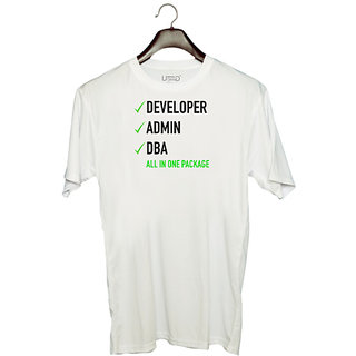                       UDNAG Unisex Round Neck Graphic 'Coder | Developer Admin DBA all in one package' Polyester T-Shirt White                                              