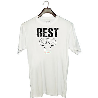                       UDNAG Unisex Round Neck Graphic 'Gym | Rest' Polyester T-Shirt White                                              