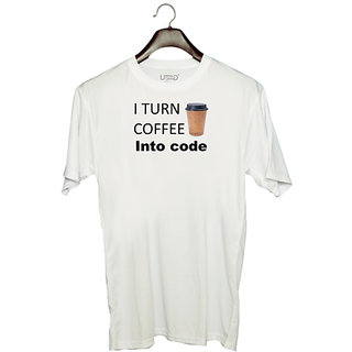                       UDNAG Unisex Round Neck Graphic 'Coder | I turn coffee into code' Polyester T-Shirt White                                              