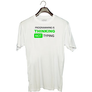                       UDNAG Unisex Round Neck Graphic 'Coder | Programming thinking not typing' Polyester T-Shirt White                                              
