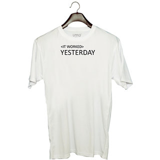                       UDNAG Unisex Round Neck Graphic 'Coder | IT Worked Yesterday' Polyester T-Shirt White                                              
